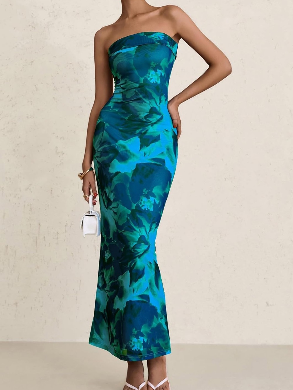 Strapless Teal Floral Bodycon Maxi Dress